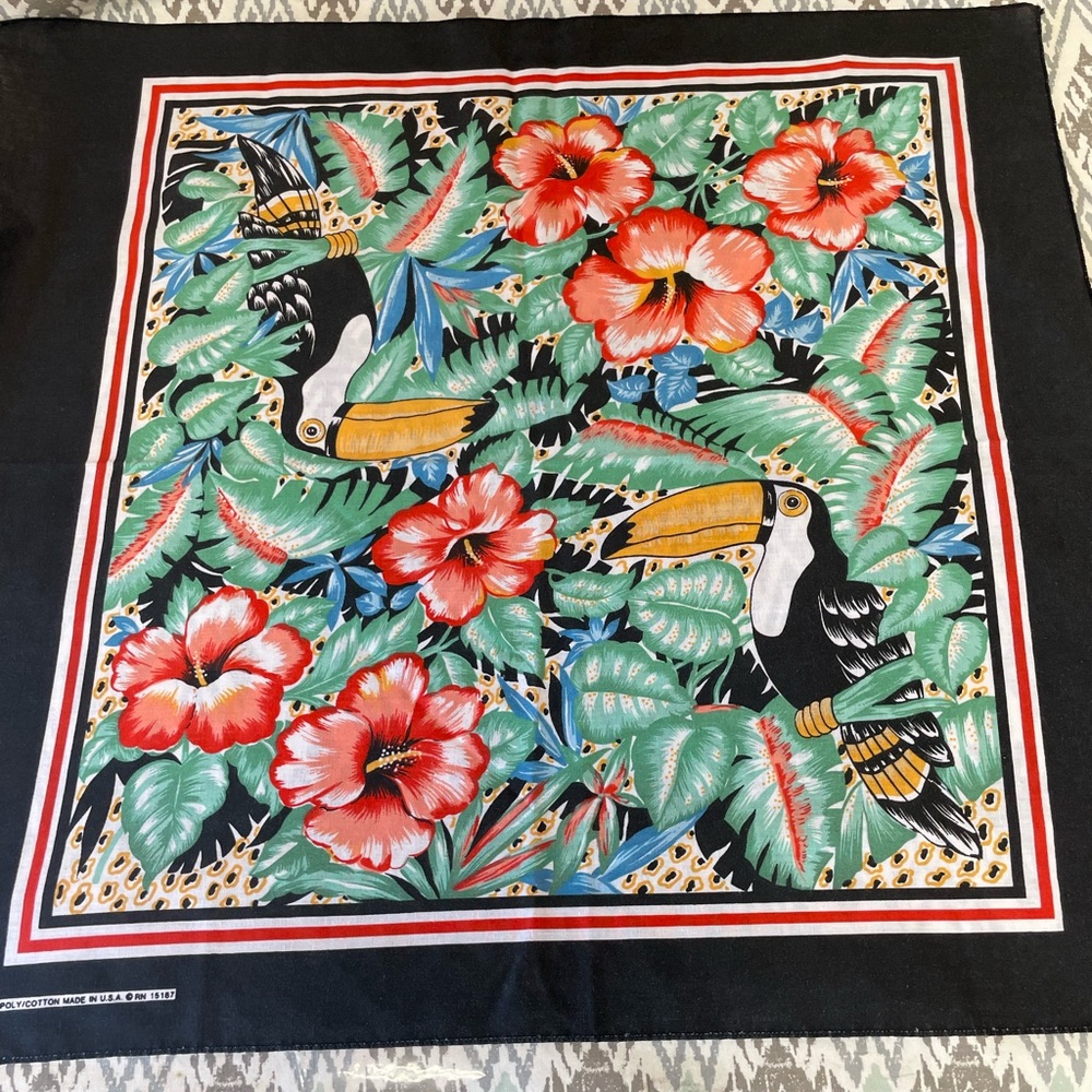 1960s Cotton Poly Scarf with Toucans and Hibiscus